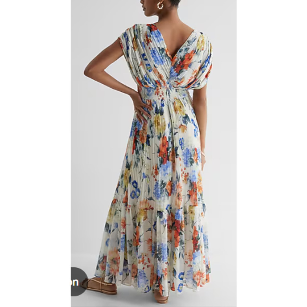 Express Floral Draped Sleeve Pleated Maxi Dress V-Neck Boho Chiffon Size XS 0-4 - Picture 2 of 6